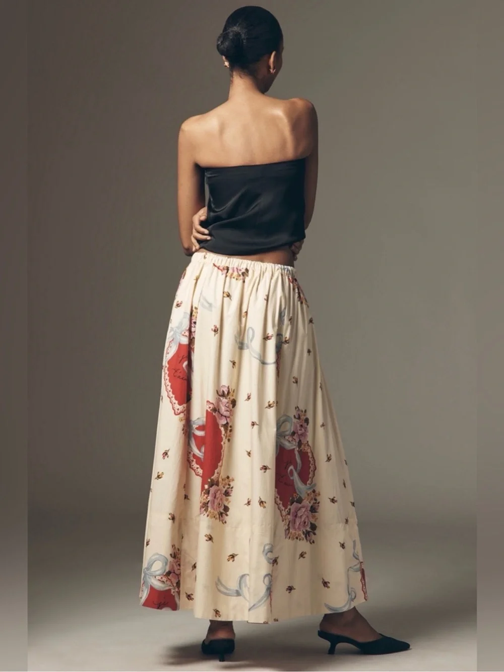 Maeve Cream Maxi Skirt with Red Heart & Blue Ribbon Print small petite